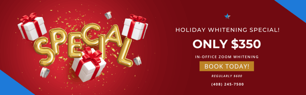 Smiling patient receiving professional in-office teeth whitening treatment during a holiday promotion. Text overlay: “Holiday Whitening Special — Only $350 (Regularly $600). Book Today! Call 245-7500.”