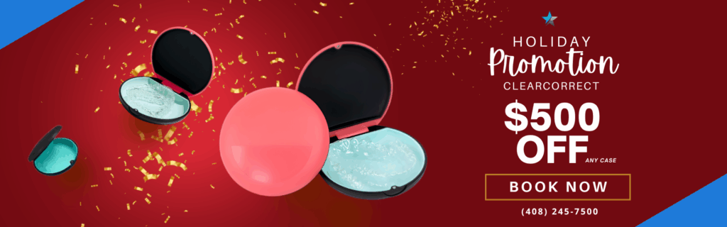 Smiling patient showing clear aligners with festive holiday design elements. Text overlay: “Holiday Special – $500 OFF ClearCorrect. Book Now! Call 408-245-7500.”