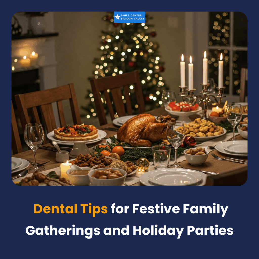 A festive dining table set for a holiday family gathering, featuring a roasted turkey, side dishes, wine glasses, lit candles, and a decorated Christmas tree in the background. The image has an overlay with the text: "Dental Tips for Festive Family Gatherings and Holiday Parties."
