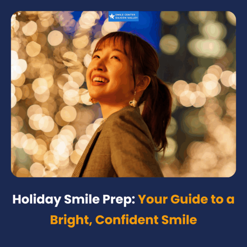 Young woman with a confident, bright smile looking up against a bokeh background of golden holiday lights. Image promoting "Holiday Smile Prep" and teeth whitening/cosmetic dentistry in Silicon Valley.