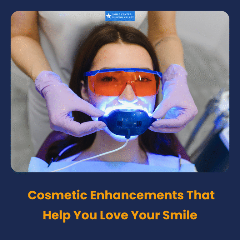 A patient at Smile Center Silicon Valley receiving professional in-office teeth whitening with a specialized blue curing light and protective orange eyewear.