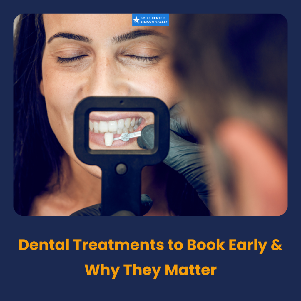 A split image for Smile Center Silicon Valley. The left side shows a dentist examining a patient's mouth with tools. The right side shows a woman's teeth being matched to a shade guide.